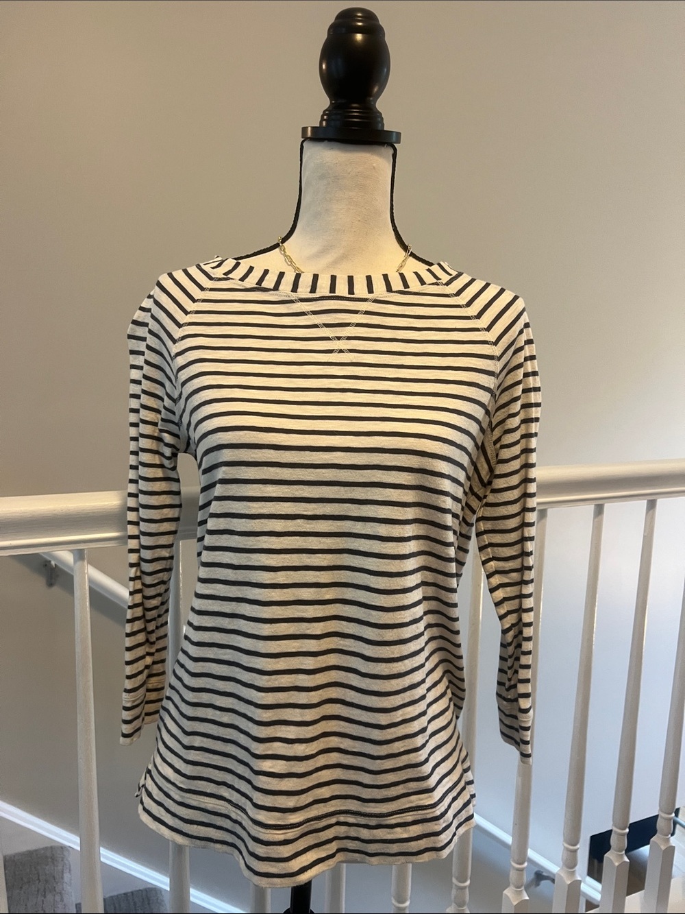 Lou & Grey Black and Cream Striped Boatneck Long Sleeve Tee